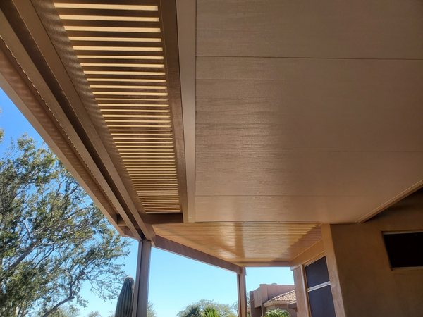 Insulated patio cover underside detail for Henderson area outdoor rooms.
