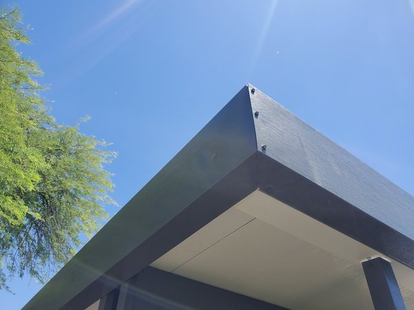 Aluminum patio cover fascia close-up detail for Southern Nevada homes.
